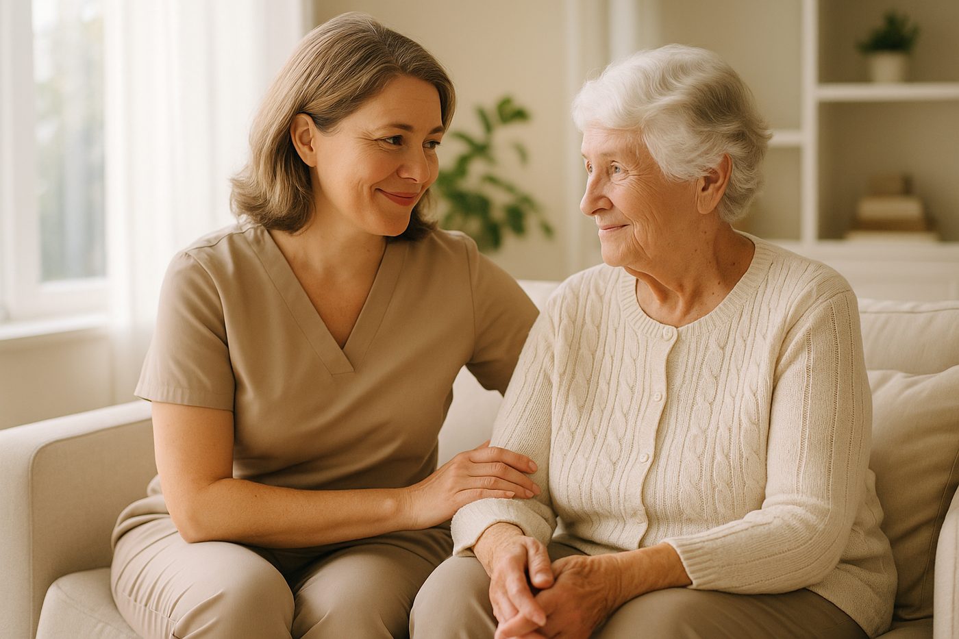An adult daughter sitting with her mother at home, a reassuring hand on her arm