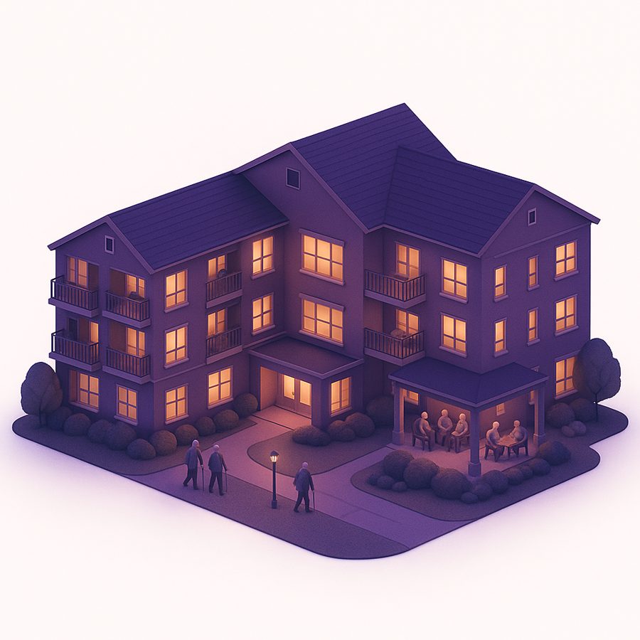 An illustration of a senior living community at dusk with its windows lit