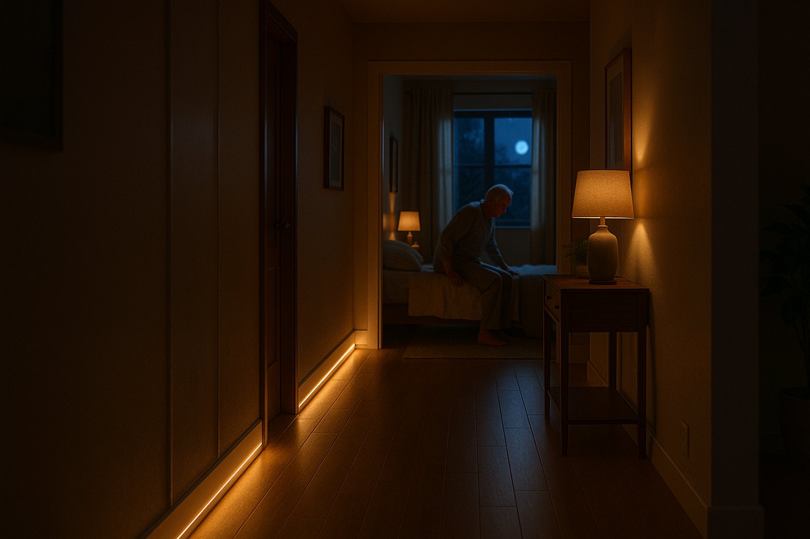 A corridor at night lit from the baseboard, guiding a resident who has just got out of bed