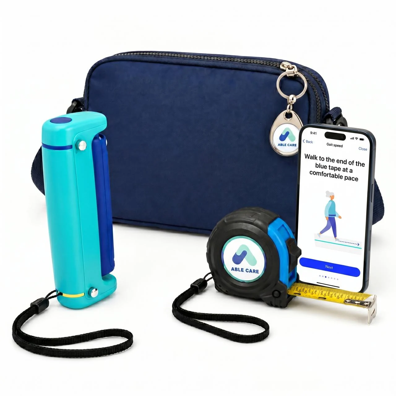 The Able Assess kit: the GripAble sensor, a measuring tape and the belt pack that holds the sensor during the walking tests