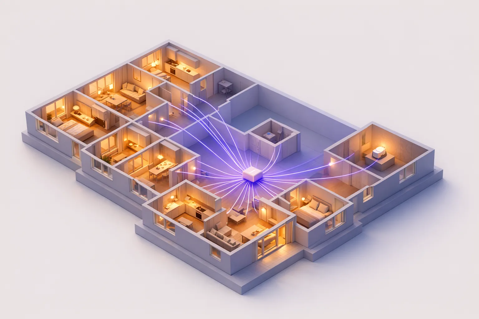 An illustration of one floor of an apartment building with each home lit and connected back to a single hub