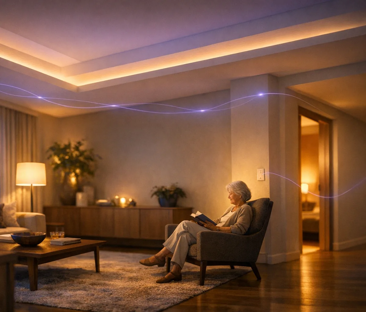 An apartment living room in the evening, lit softly by lamps and ceiling light, with a resident reading in an armchair