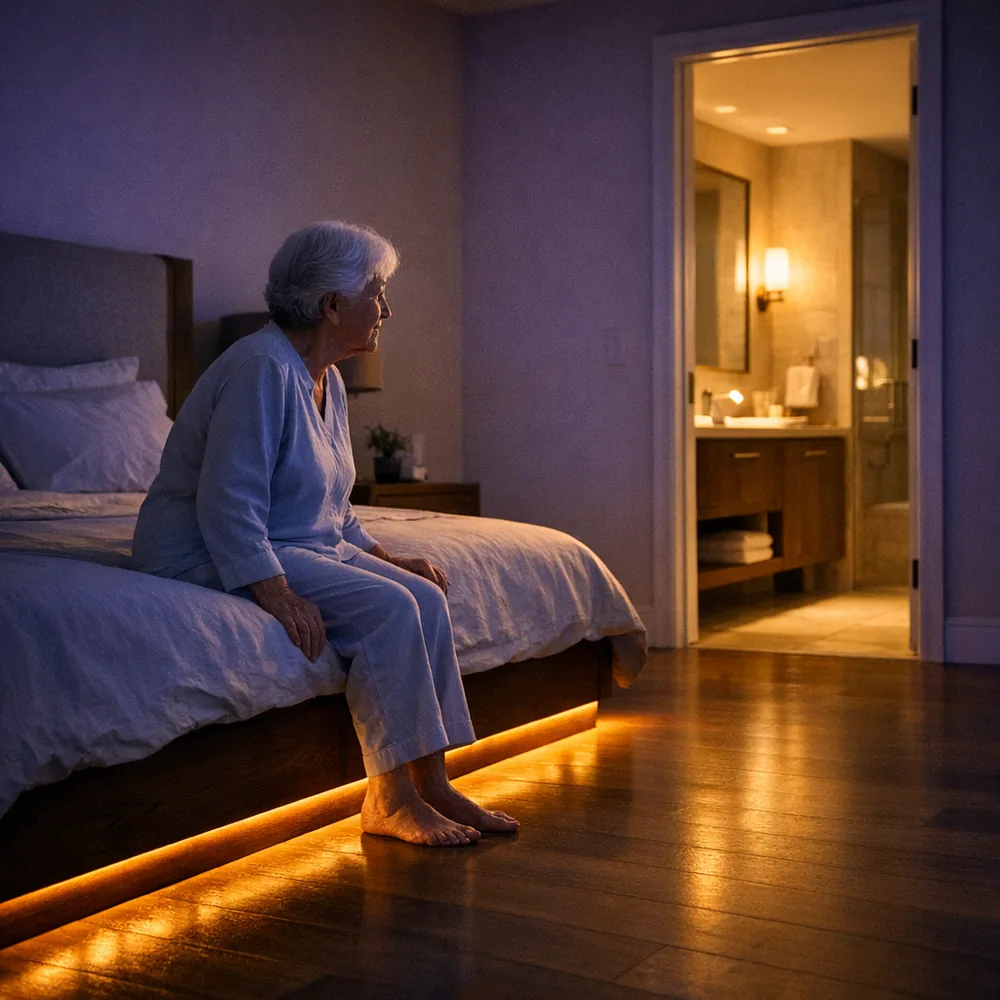 A resident sitting on the edge of her bed at night with a soft amber glow along the floor leading to the bathroom