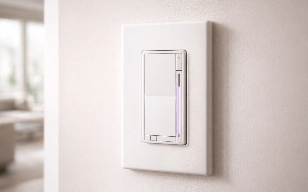 A modern smart dimmer switch on a pale wall with a slim illuminated indicator