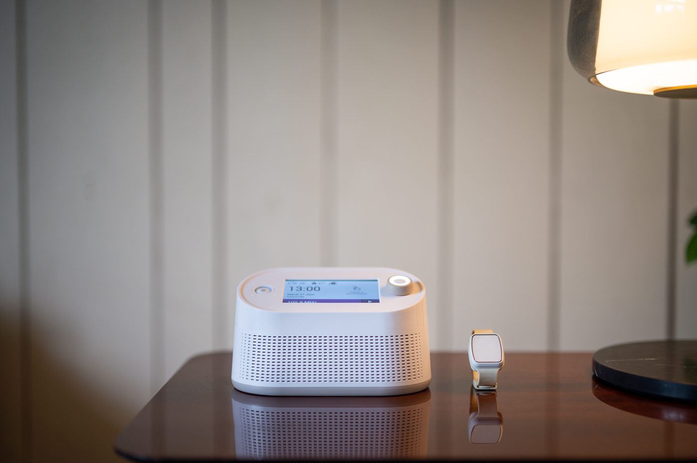 The Vibby Hub on a side table with the Vibby Oak beside it